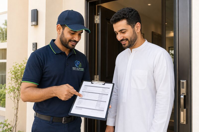 Reef Al Ghadeer technician explaining a written quotation to a customer at an Al Ain villa door