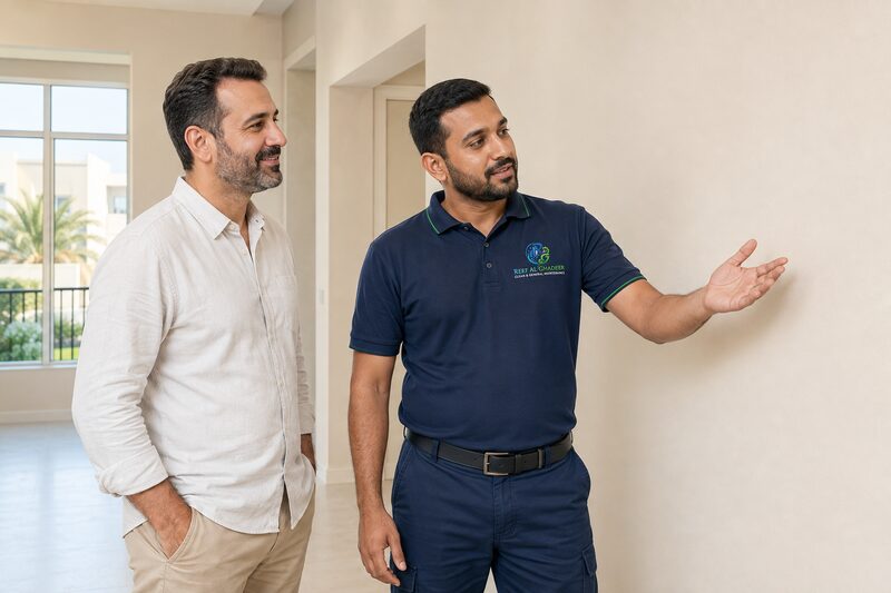 Reef Al Ghadeer technician walking a customer through completed work in an Al Ain villa